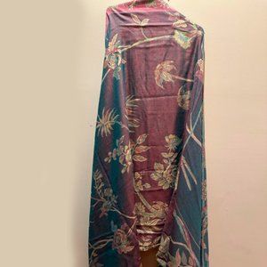Unique bird & flowers aqua burgundy & gold blanket 44"x101" with aqua fringe